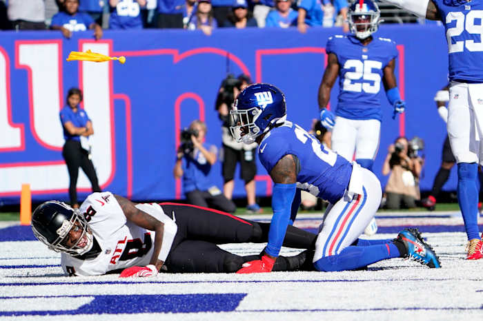 A pass interference penalty is called on New York Giants cornerback Logan Ryan (23) after breaking up a touchdown pass intended for Atlanta Falcons tight end Kyle Pitts (8) in the second half at MetLife Stadium on Sunday, Sept. 26, 2021, in East Rutherford.